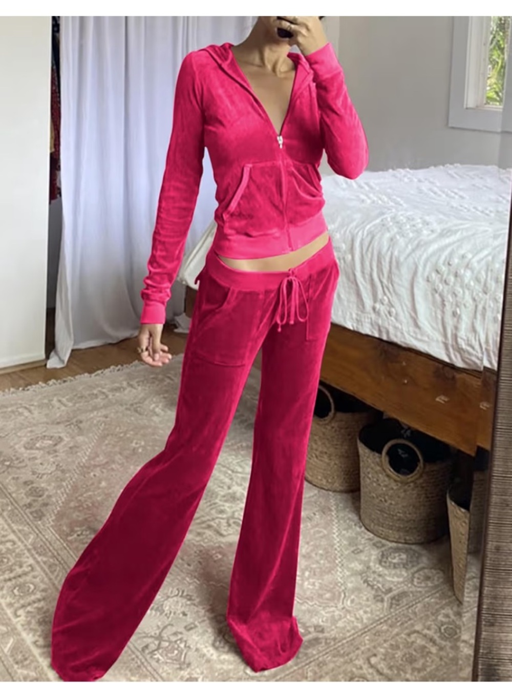 Pink Velour Zip Hoodie & Wide-Leg Sweatpants Set